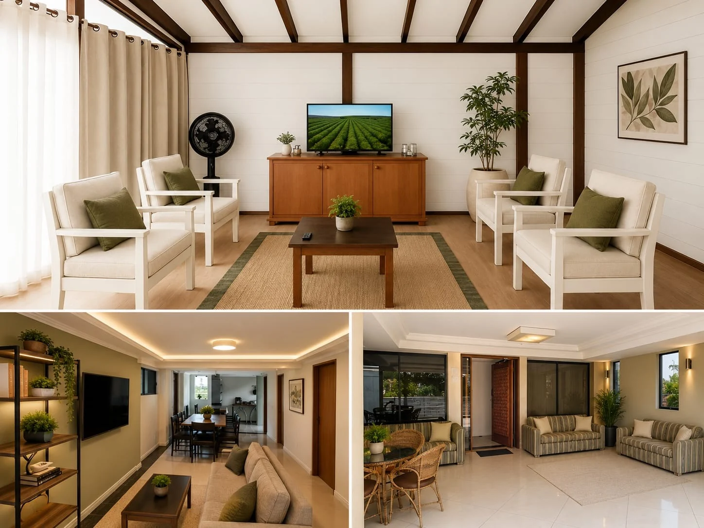 Montagem com sala de estar, sala de convivência e cozinha compartilhada